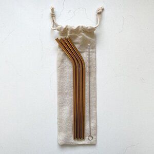 NWOT 4 Bronze Metal Straws with Straw Cleaner and Drawstring Case